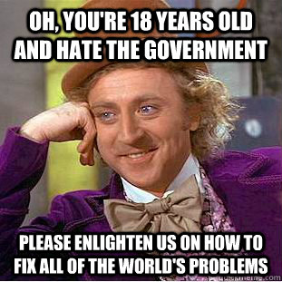 Oh, you're 18 years old and hate the government Please enlighten us on how to fix all of the world's problems  Condescending Wonka