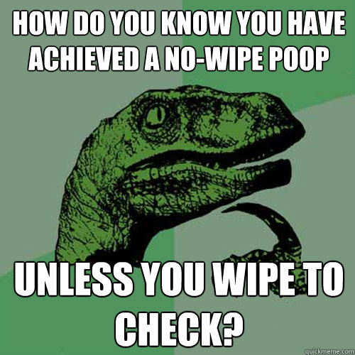 How do you know you have achieved a no-wipe poop unless you wipe to check?  Philosoraptor