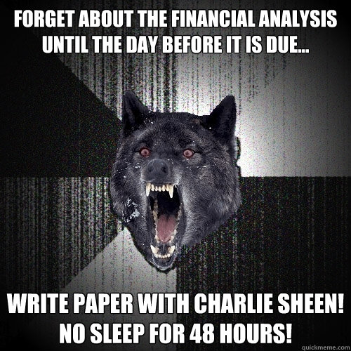 FORGET ABOUT THE FINANCIAL ANALYSIS UNTIL THE DAY BEFORE IT IS DUE... WRITE PAPER WITH CHARLIE SHEEN!
NO SLEEP FOR 48 HOURS!   Insanity Wolf