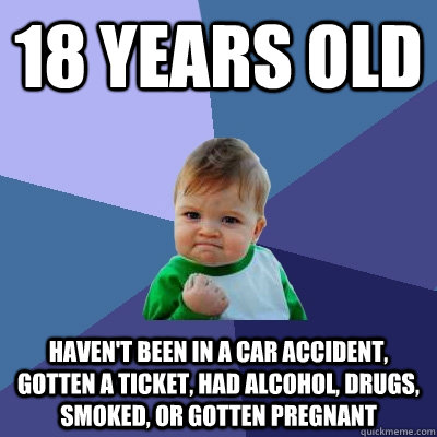 18 years old haven't been in a car accident, gotten a ticket, had alcohol, drugs, smoked, or gotten pregnant  Success Kid