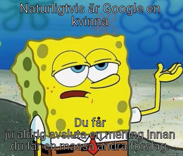 NATURLIGTVIS ÄR GOOGLE EN KVINNA DU FÅR JU ALDRIG AVSLUTA EN MENING INNAN DU FÅR EN MASSA ANDRA FÖRSLAG. Tough Spongebob