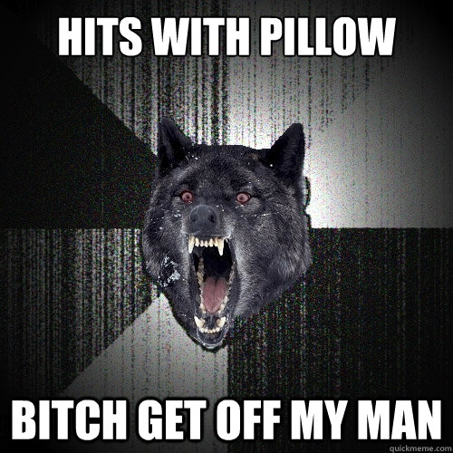 Hits with pillow BITCH GET OFF MY MAN  Insanity Wolf