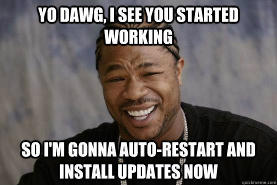 Yo Dawg, I see you started working so i'm gonna auto-restart and install updates now  YO DAWG