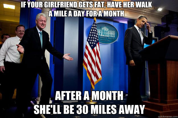 If your girlfriend gets fat, have her walk 
a mile a day for a month After a month
she'll be 30 miles away  Inappropriate Timing Bill Clinton