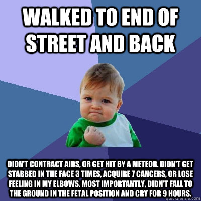 walked to end of street and back didn't contract aids, or get hit by a meteor. Didn't get stabbed in the face 3 times, acquire 7 cancers, or lose feeling in my elbows. Most importantly, didn't fall to the ground in the fetal position and cry for 9 hours.  Success Kid