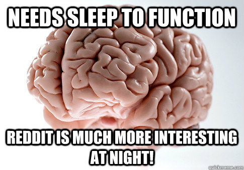 needs sleep to function reddit is much more interesting at night!  Scumbag Brain