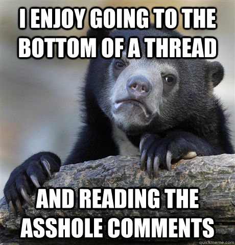 I enjoy going to the bottom of a thread and reading the asshole comments  Confession Bear