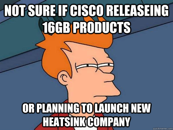 Not sure if Cisco releaseing 16Gb products or planning to launch new heatsink company - Not sure if Cisco releaseing 16Gb products or planning to launch new heatsink company  Futurama Fry