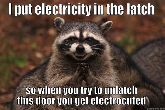 DO NOT unlatch this door - I PUT ELECTRICITY IN THE LATCH SO WHEN YOU TRY TO UNLATCH THIS DOOR YOU GET ELECTROCUTED Evil Plotting Raccoon