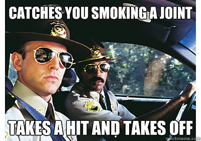 catches you smoking a joint takes a hit and takes off  Good Guy Cop