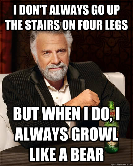 I don't always go up the stairs on four legs but when I do, I always growl like a bear  The Most Interesting Man In The World