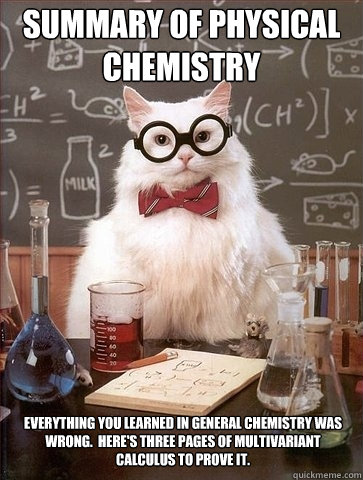 summary of Physical Chemistry Everything you learned in general chemistry was wrong.  Here's three pages of multivariant calculus to prove it.  Chemistry Cat