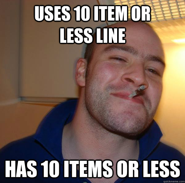 Uses 10 item or         less line  Has 10 items or less - Uses 10 item or         less line  Has 10 items or less  Misc