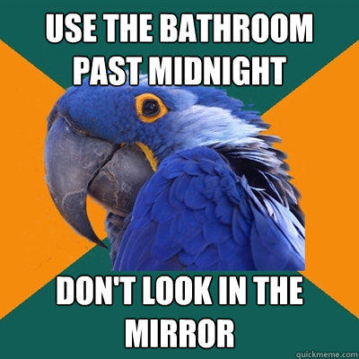 use the bathroom past midnight don't look in the mirror - use the bathroom past midnight don't look in the mirror  Paranoid Parrot