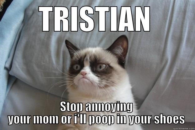 TRISTIAN STOP ANNOYING YOUR MOM OR I'LL POOP IN YOUR SHOES Grumpy Cat