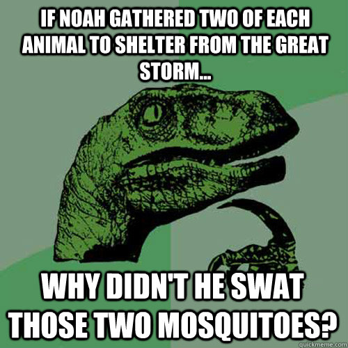 If Noah gathered two of each animal to shelter from the great storm... Why didn't he swat those two mosquitoes?  Philosoraptor