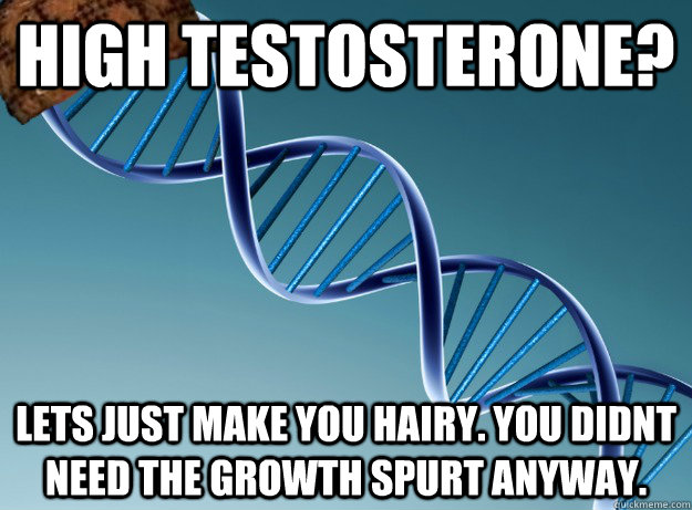 high testosterone? lets just make you hairy. you didnt need the growth spurt anyway.  Scumbag Genetics