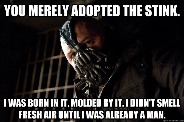 You merely adopted the stink. I was born in it, molded by it. I didn't smell fresh air until i was already a man. - You merely adopted the stink. I was born in it, molded by it. I didn't smell fresh air until i was already a man.  Angry Bane