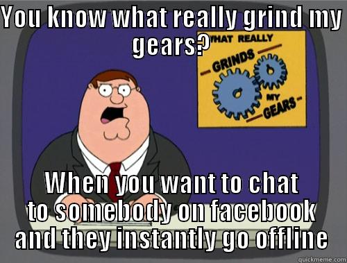 YOU KNOW WHAT REALLY GRIND MY GEARS? WHEN YOU WANT TO CHAT TO SOMEBODY ON FACEBOOK AND THEY INSTANTLY GO OFFLINE Grinds my gears