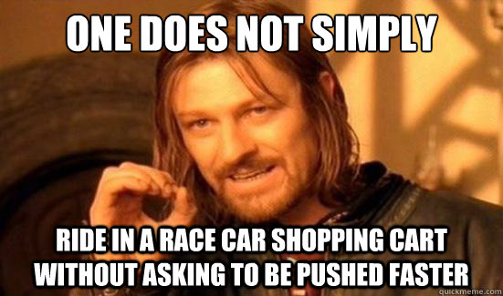 One Does Not Simply Ride in a race car shopping cart without asking to be pushed faster - One Does Not Simply Ride in a race car shopping cart without asking to be pushed faster  Boromir