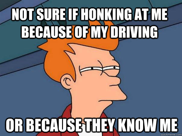 Not sure if honking at me because of my driving or because they know me  Futurama Fry