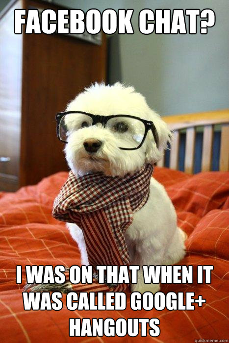 FACEBOOK CHAT? I WAS ON THAT WHEN IT WAS CALLED GOOGLE+ HANGOUTS  Hipster Dog