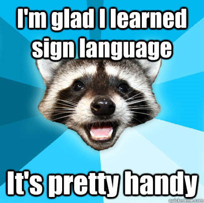 I'm glad I learned sign language It's pretty handy  Lame Pun Coon