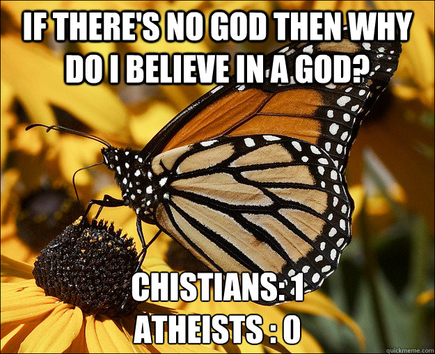 If there's no god then why do I believe in a god? Chistians: 1
Atheists : 0  Checkmate Atheists