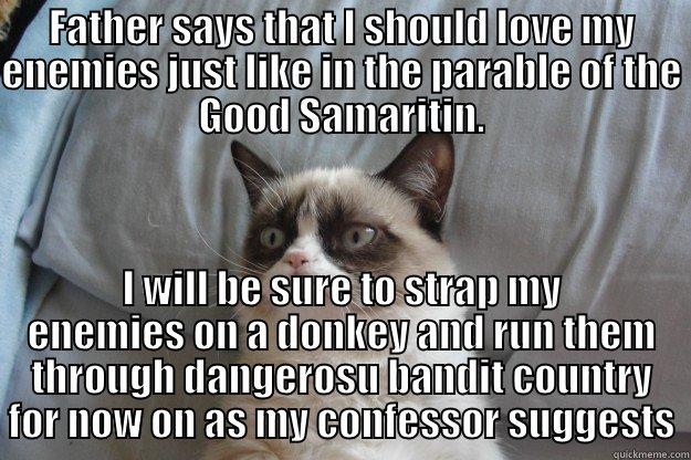 I love my enemies....especiallydeep fried - FATHER SAYS THAT I SHOULD LOVE MY ENEMIES JUST LIKE IN THE PARABLE OF THE GOOD SAMARITIN. I WILL BE SURE TO STRAP MY ENEMIES ON A DONKEY AND RUN THEM THROUGH DANGEROSU BANDIT COUNTRY FOR NOW ON AS MY CONFESSOR SUGGESTS Grumpy Cat