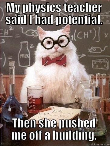 Physics Cat - MY PHYSICS TEACHER SAID I HAD POTENTIAL. THEN SHE PUSHED ME OFF A BUILDING. Chemistry Cat