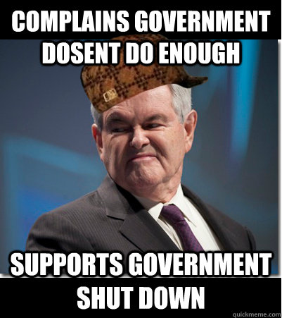 Complains government dosent do enough  Supports government shut down  Scumbag Gingrich