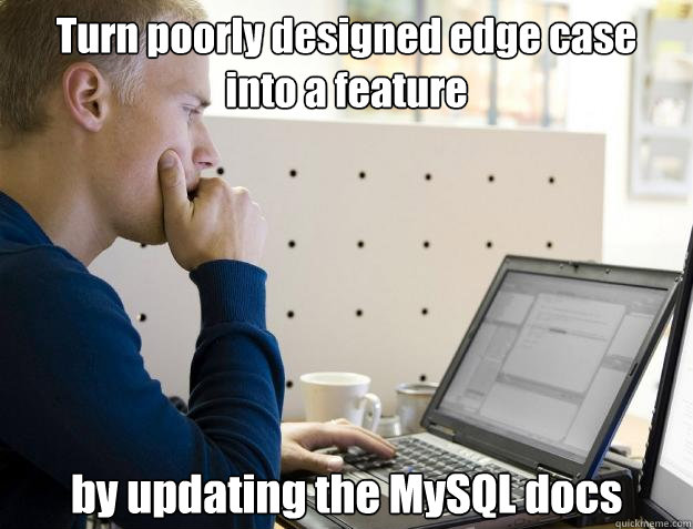 Turn poorly designed edge case 
into a feature by updating the MySQL docs - Turn poorly designed edge case 
into a feature by updating the MySQL docs  Programmer