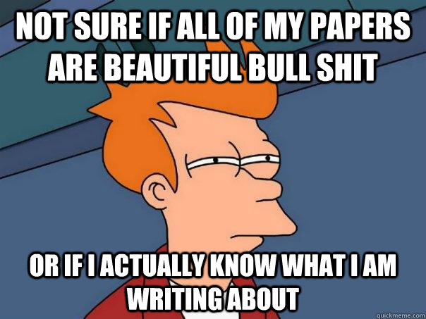 Not sure if all of my papers are beautiful bull shit Or if I actually know what I am writing about  Futurama Fry