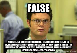 FALSE Migraine is a chronic neurological disorder characterized by recurrent moderate to severe headaches often in association with a number of autonomic nervous system symptoms, therefore relates nothing to blood, sweat, or tears. - FALSE Migraine is a chronic neurological disorder characterized by recurrent moderate to severe headaches often in association with a number of autonomic nervous system symptoms, therefore relates nothing to blood, sweat, or tears.  Dwight False