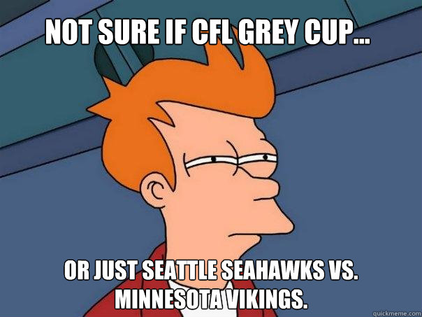 Not sure if CFL Grey Cup... Or just Seattle Seahawks vs. Minnesota Vikings.  - Not sure if CFL Grey Cup... Or just Seattle Seahawks vs. Minnesota Vikings.   Futurama Fry