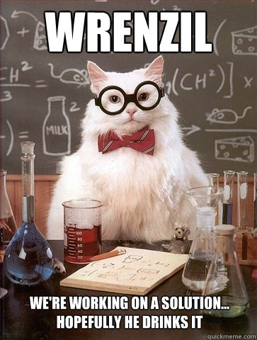 Wrenzil We're working on a solution... hopefully he drinks it - Wrenzil We're working on a solution... hopefully he drinks it  Chemistry Cat