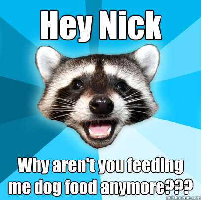 Hey Nick Why aren't you feeding me dog food anymore???  Lame Pun Coon