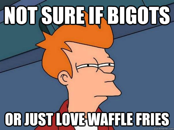 Not sure if bigots Or just love waffle fries  Futurama Fry