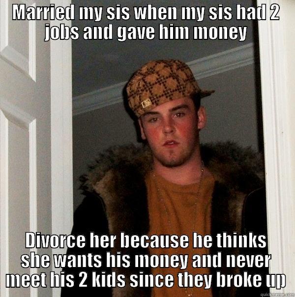 My scumbag ex-bro-in-law. It's has been 2years - MARRIED MY SIS WHEN MY SIS HAD 2 JOBS AND GAVE HIM MONEY DIVORCE HER BECAUSE HE THINKS SHE WANTS HIS MONEY AND NEVER MEET HIS 2 KIDS SINCE THEY BROKE UP Scumbag Steve