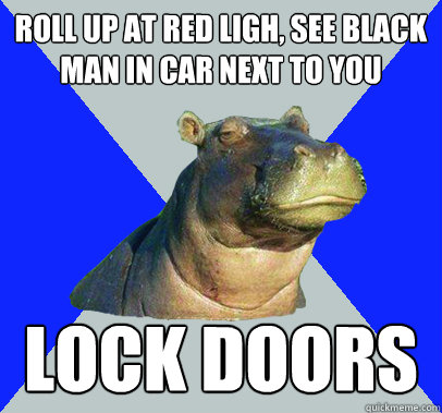 roll up at red ligh, see black man in car next to you lock doors  Skeptical Hippo