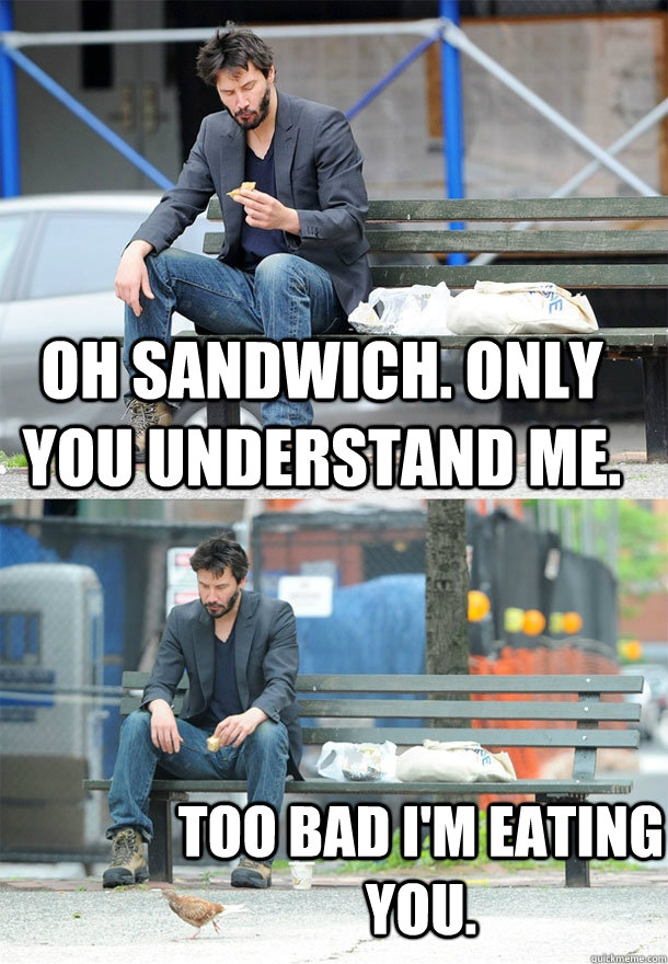 Oh sandwich. only you understand me. too bad I'm eating you.  Sad Keanu