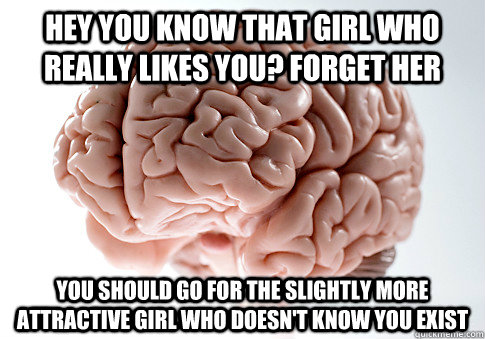 Hey you know that girl who really likes you? Forget her you should go for the slightly more attractive girl who doesn't know you exist - Hey you know that girl who really likes you? Forget her you should go for the slightly more attractive girl who doesn't know you exist  Scumbag Brain