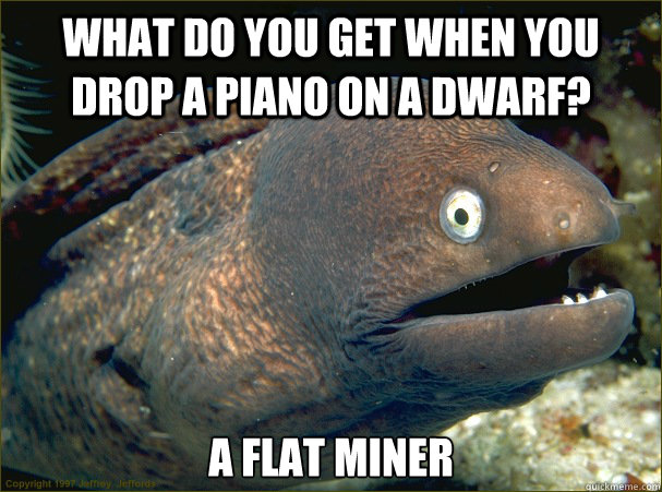 What do you get when you drop a piano on a dwarf? a flat miner  Bad Joke Eel