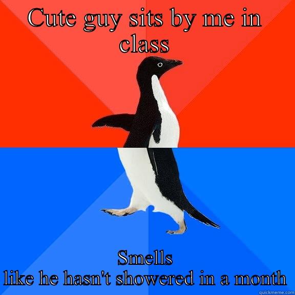 CUTE GUY SITS BY ME IN CLASS SMELLS LIKE HE HASN'T SHOWERED IN A MONTH Socially Awesome Awkward Penguin