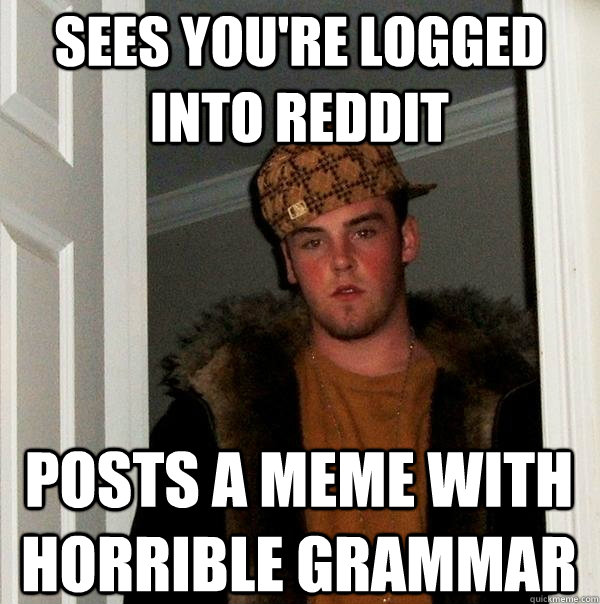 Sees you're logged into reddit posts a meme with horrible grammar  Scumbag Steve