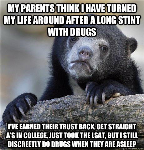 My parents think I Have Turned my life around after a long stint with drugs I've Earned their trust back, get straight A's in college, just took the LSAT, but I still discreetly do drugs when they are asleep  Confession Bear