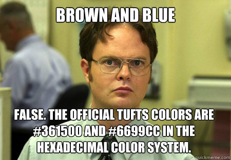 Brown and Blue False. The official tufts colors are  #361500 and #6699CC in the hexadecimal color system.  Dwight