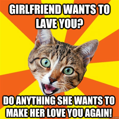 girlfriend wants to lave you? do anything she wants to make her love you again!  Bad Advice Cat