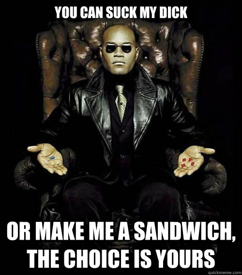 You can suck my dick or make me a sandwich, the choice is yours  Morpheus