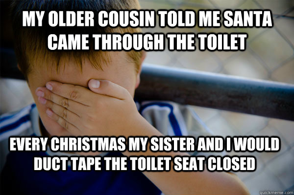 My older cousin told me Santa came through the toilet every Christmas my sister and I would duct tape the toilet seat closed  Confession kid